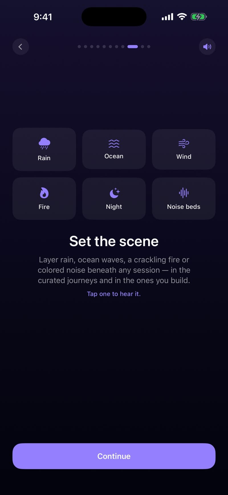 The app's scene picker, offering rain, ocean, wind, fire, night and noise beds, with a note that tapping one plays it.