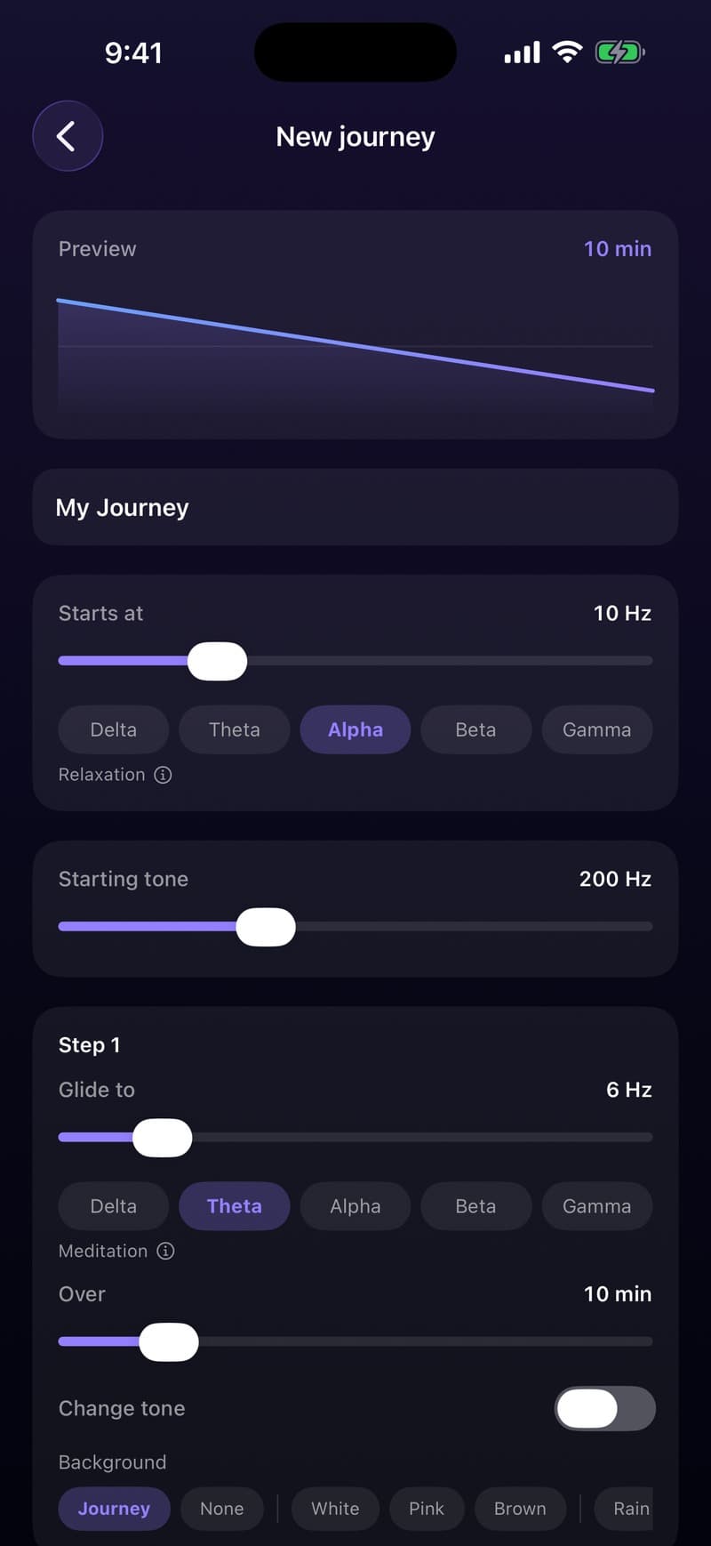 The journey builder, showing a start of 10 hertz in alpha over a 200 hertz tone, and a first step gliding to 6 hertz in theta over ten minutes, with background options including white, pink and brown noise.