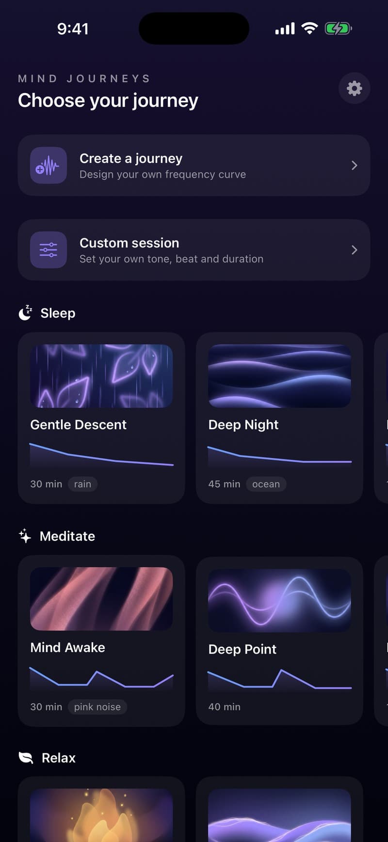 The app's home screen, listing journeys grouped by sleep and meditate, each card showing its artwork, frequency curve, length and ambience.